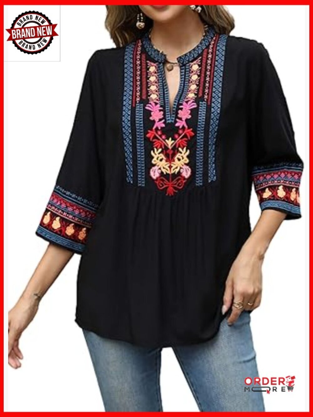 Boho Embroidered Peasant Blouse 3/4 Sleeve Tunics